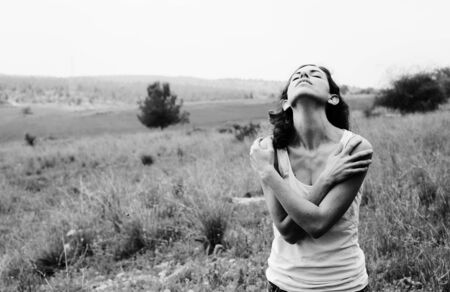 Portrait of beautiful 40 years old woman outdoorsの写真素材