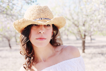 Spring portrait of beautiful 40 years old woman outdoorsの写真素材