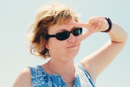 Portrait of beautiful 35 years old woman outdoorsの写真素材