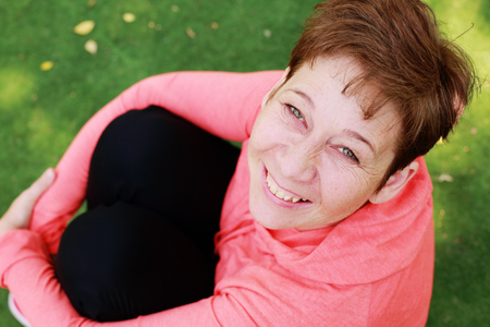 Portrait of beautiful 45 years old woman outdoorsの写真素材