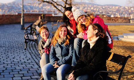 Outdoor portrait of happy woman walking on Budapestの写真素材