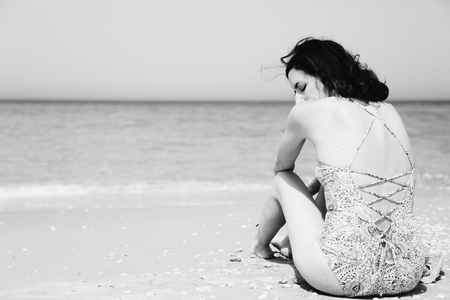 Portrait of  real beautiful 40 years old woman on seasideの写真素材