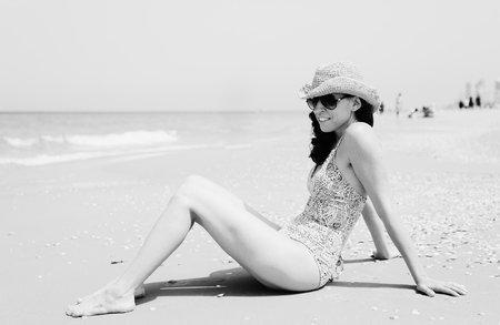 Portrait of  real beautiful 40 years old woman on seasideの写真素材