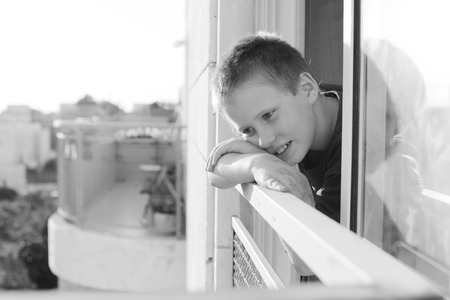 Portrait of cute 9 years old autictic boyの写真素材
