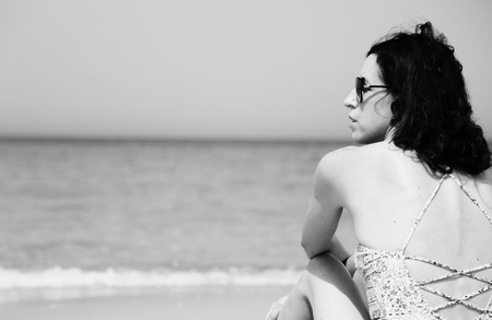 Portrait of  real beautiful 40 years old woman on seasideの写真素材