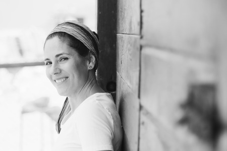 Portrait of beautiful 40 years old woman outdoorsの写真素材