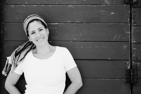 Portrait of beautiful 40 years old woman outdoorsの写真素材