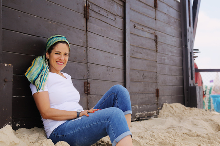 Portrait of beautiful 40 years old woman outdoorsの写真素材