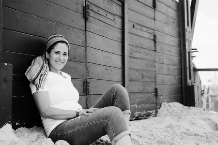 Portrait of beautiful 40 years old woman outdoorsの写真素材