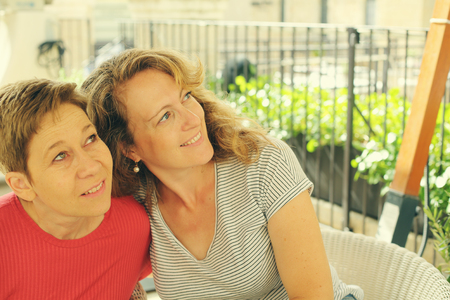 Closeup portrait attarctive mature women traveling together, have fun, smiling, lovely moments. Best friends.の写真素材