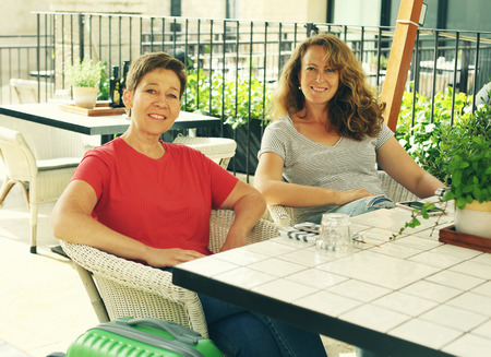 Portrait attarctive mature women traveling together, have fun, smiling, lovely moments. Best friends.の写真素材