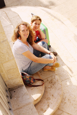 Portrait of mature women traveling together, have fun, smiling, lovely moments. Best friends.の写真素材