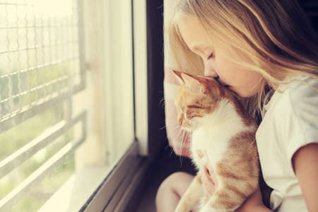 Portrait of a cute 9 years old girl with lovely red cat. Smiles and happinessの写真素材
