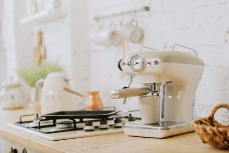 Vintage style white kitchen with coffee machineの写真素材