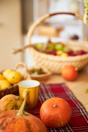 Autumn harvest in the kitchen, a small orange pumpkin on a red beautiful handkerchief with a woven basket of applesの写真素材