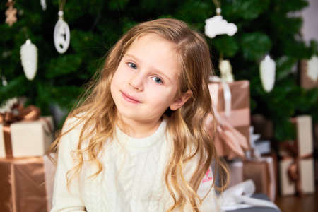 Cute little girl looks into the camera and smiles, behind a Christmas tree and giftsの写真素材
