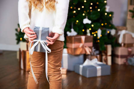 The girl stands with her back to the camera, holding a gift. The girl carries it to the tree.の写真素材