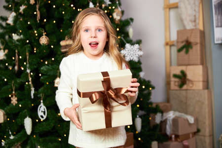The girl stands in a room with a green Christmas tree and holds a gift, the girl received a gift for Christmas and happy, the girl looks into the cameraの写真素材