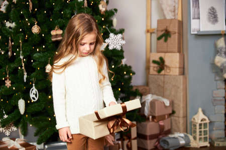 Girl stands in a room with green spruce, girl received a gift for Christmas, girl upset and looks at the giftの写真素材