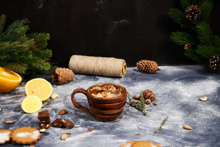 Christmas decor ceramic cup, spruce, powdered sugarの写真素材