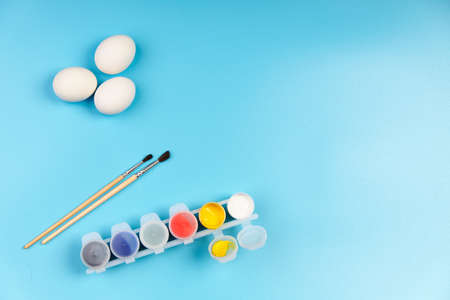 Eggs for Easter drawing set painting blue backgroundの写真素材