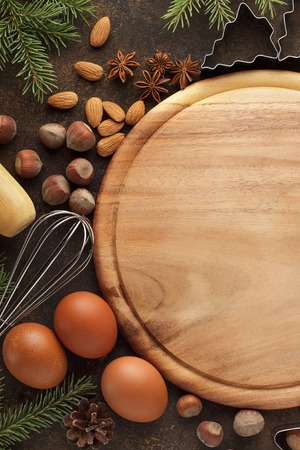 Bakery background with ingredients for cookie recipe. Flat lay with copy space.の写真素材