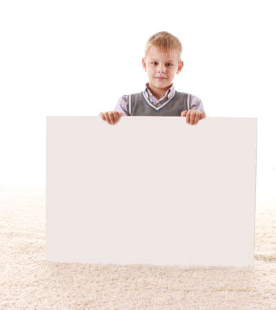 Teenage boy and banner with space for text on white backgroundの写真素材