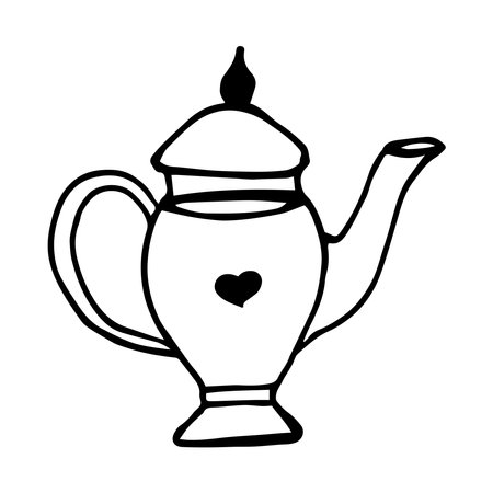 Teapot vector icon. Teapot for tea ceremonies. Container for tea. Doodle kettle. Teapot with a long spout and handle. Drawing of the heart.のイラスト素材