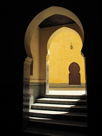 Traditional Moroccan doorway with stairs and shadow  Tomb of Moulay Ismail  Meknes, Moroccoの写真素材