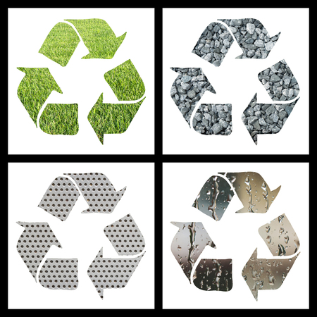 Collage of recycle signs , grass, rocks, metal, waterの写真素材