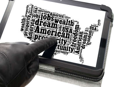 Online illegal activity concept with hand wearing black glove pointing a tablet screenの写真素材
