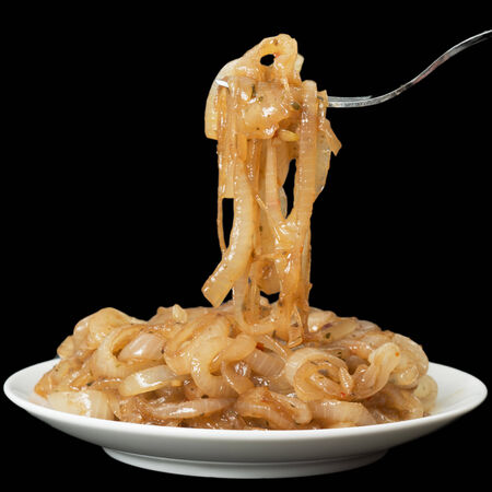  Caramelized Onions isolated on black backgroundの写真素材