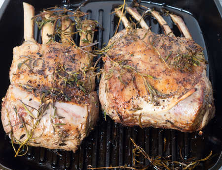 Marinated Rack of lamb on grillの写真素材