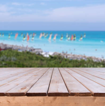 Wooden deck perspective with nice vacation theme in the background