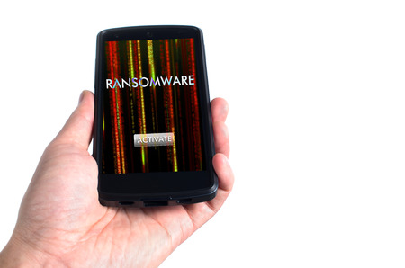 Ransomware on mobile phone concept isolated on white backgroundの写真素材