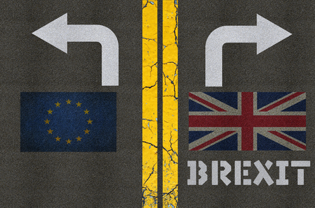 GREXIT concept with British flag marked on asphaltの写真素材