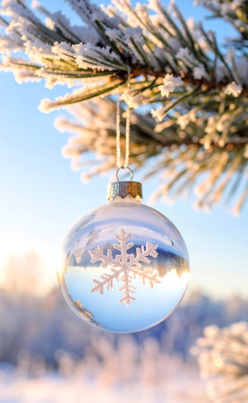 Glass Christmas ball hanging on a fir tree in the winter forest.の素材