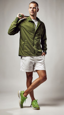 Full length portrait of a sporty young man in a green jacket, shorts and sneakers posing on gray backgroundの素材
