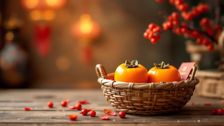 Persimmon fruit in a basket on wooden background with copy spaceの素材