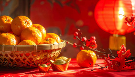 Chinese New Year still life with tangerines and red lanternsの素材