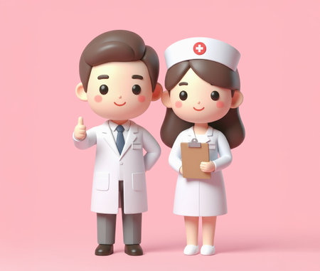 Doctor and nurse with thumbs up gesture. 3D illustration. Cartoon character.の素材