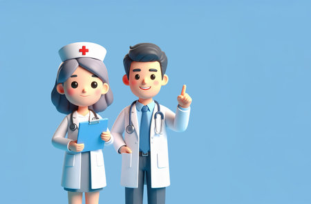 couple of nurse and doctor with blue background, 3d renderingの素材