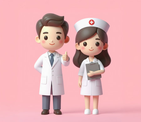 Nurse and doctor pose in front of pink background. 3D rendering.の素材
