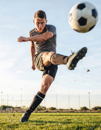 Soccer player kicking the ball on the football field at sunny dayの写真素材