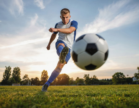 Soccer player in action kicking the ball on the field at sunsetの写真素材