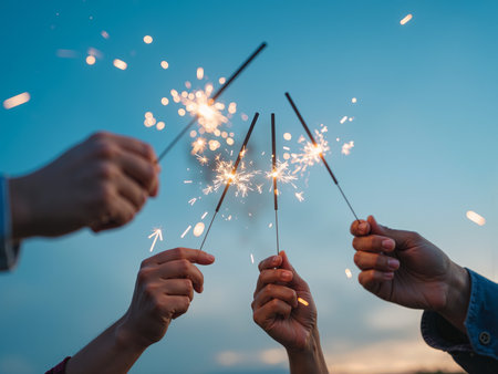 Closeup of people hands holding sparklers on blue sky background.の素材