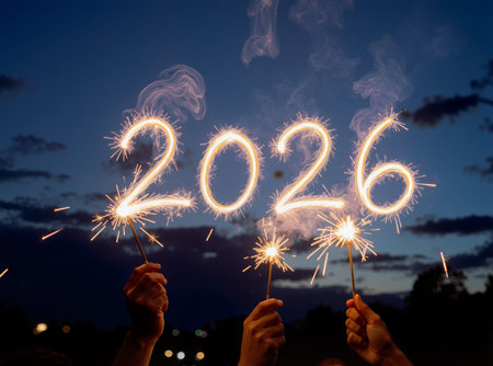 Happy new year 2016 written with Sparkle firework on dark sky backgroundの素材