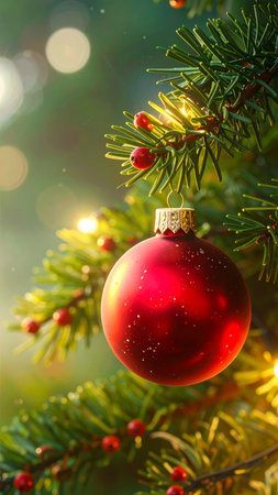 Christmas tree decoration with red ball on bokeh background, closeupの素材