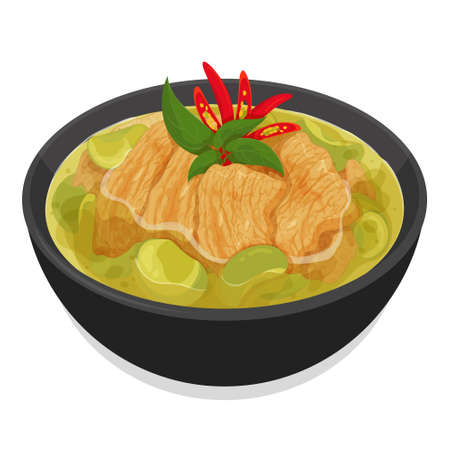 Stir fried crispy pork belly with chinese kale recipe menu on white background (Kana moo krob, Thai Food isolated illustration vector).のイラスト素材