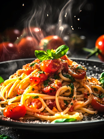 Italian culinary tradition: Spaghetti with Tomato Sauce showcases the timeless charm of Italian food. Savory tomato sauce generously coats perfectly cooked pasta, | Generative AIの素材